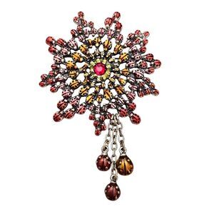 Chicos Ladybug Star Flower Brooch Chain Charm Dangles Pin Signed, C702